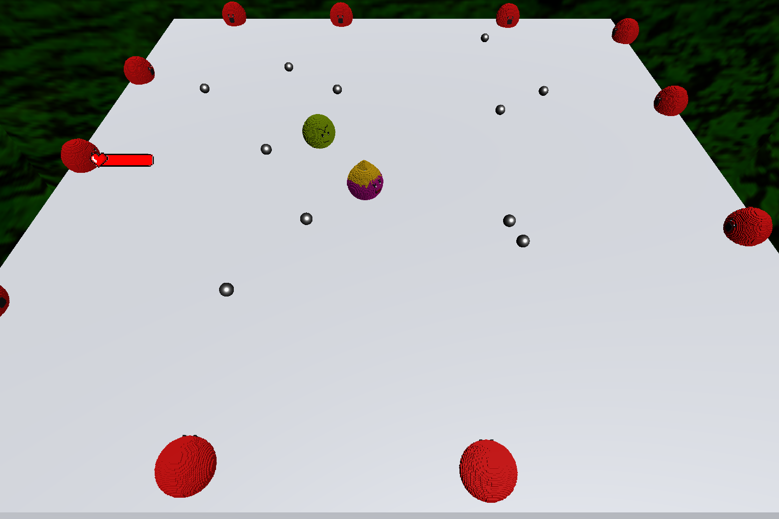 Ballroom arena surrounded by red turrets, with green pursuing enemies