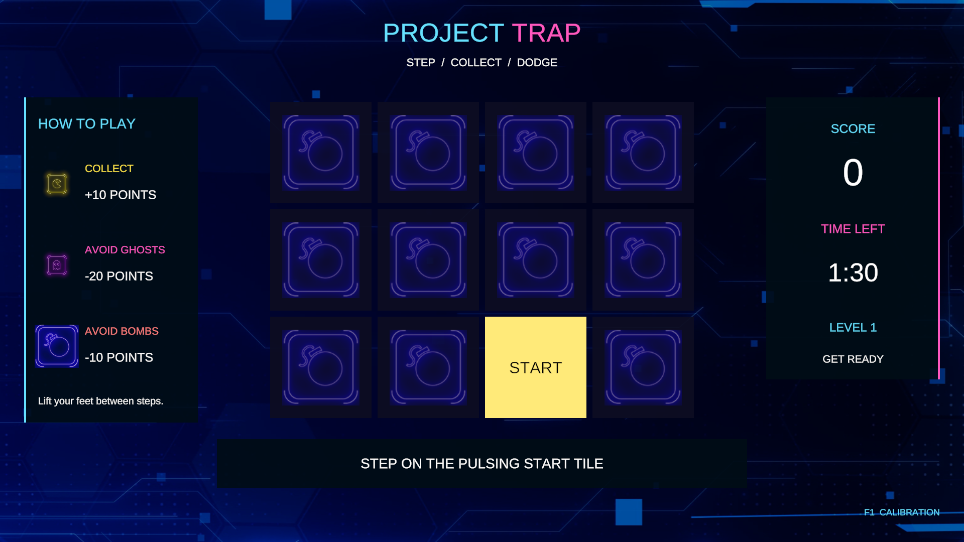Project Trap start screen with instructions and a four-by-three tile grid