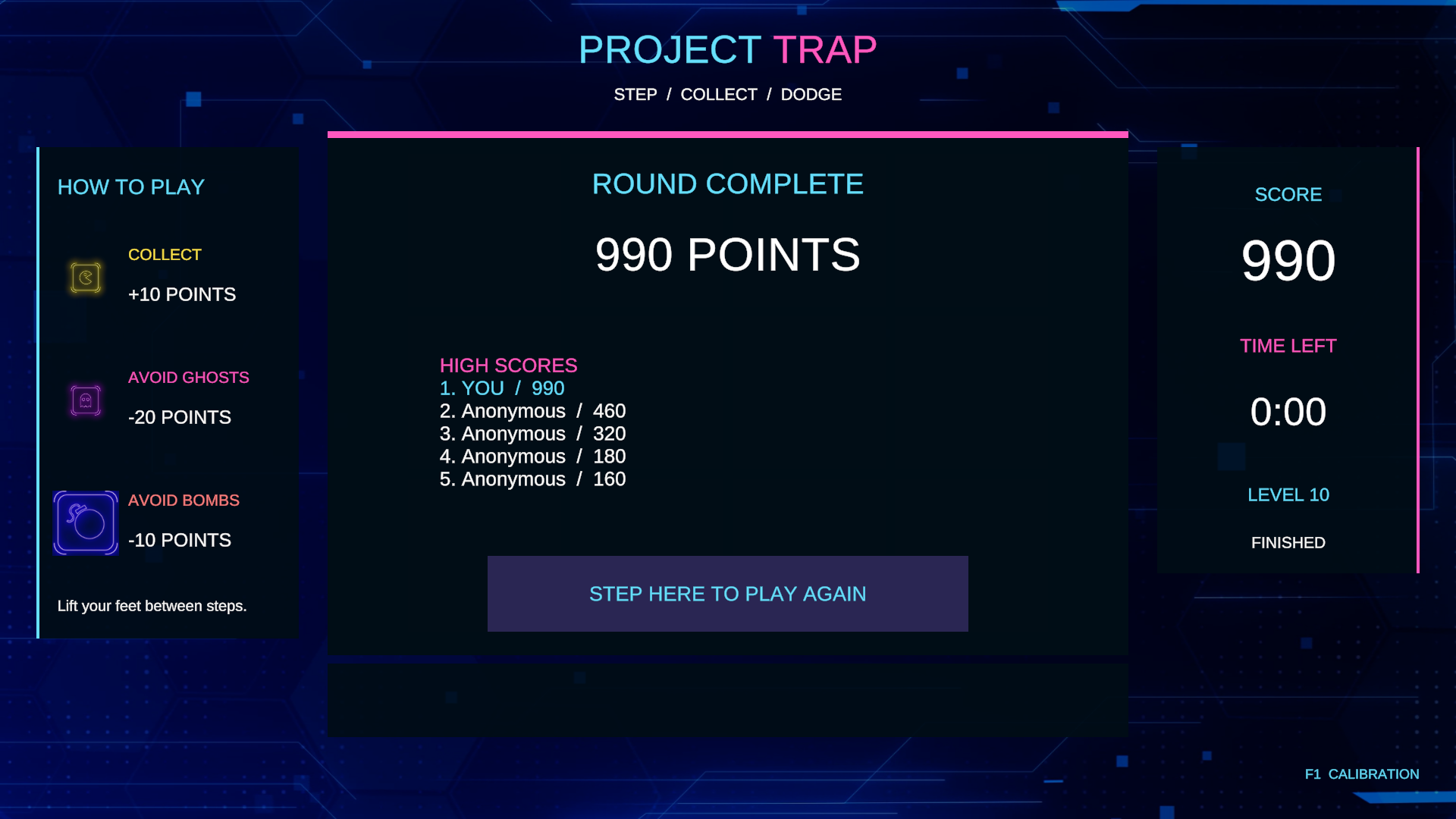 Project Trap final score, leaderboard, and Step Here to Play Again target