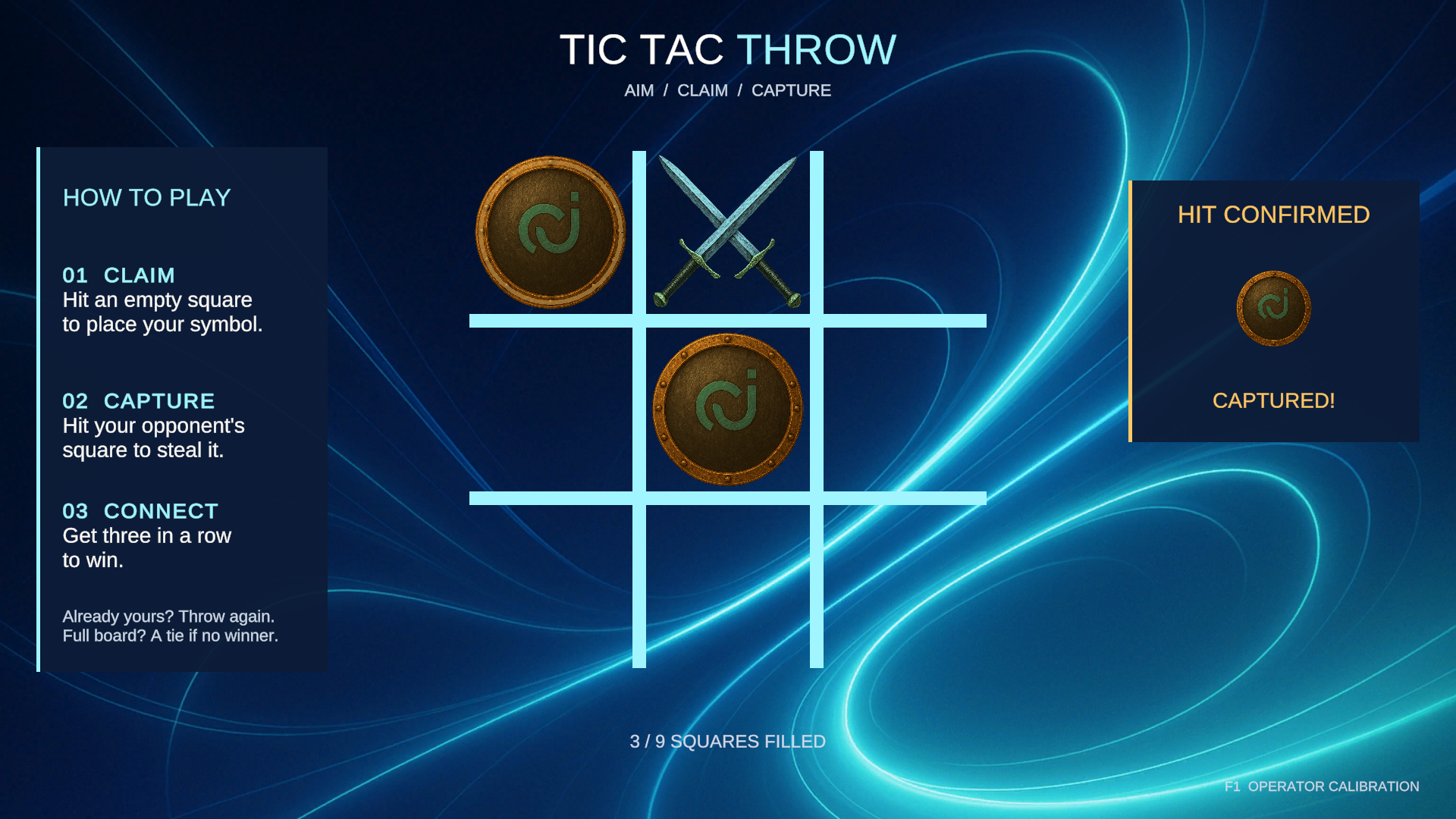 TicTacThrow opponent-square capture with Hit Confirmed and Captured feedback