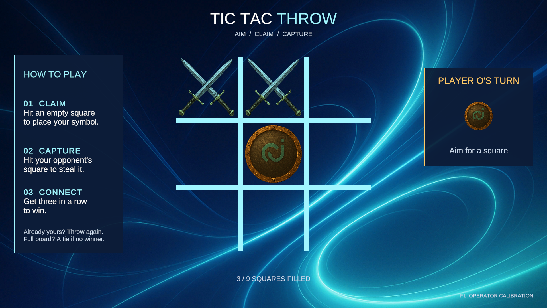 TicTacThrow mid-round board showing swords, a shield, and Player O turn indicator
