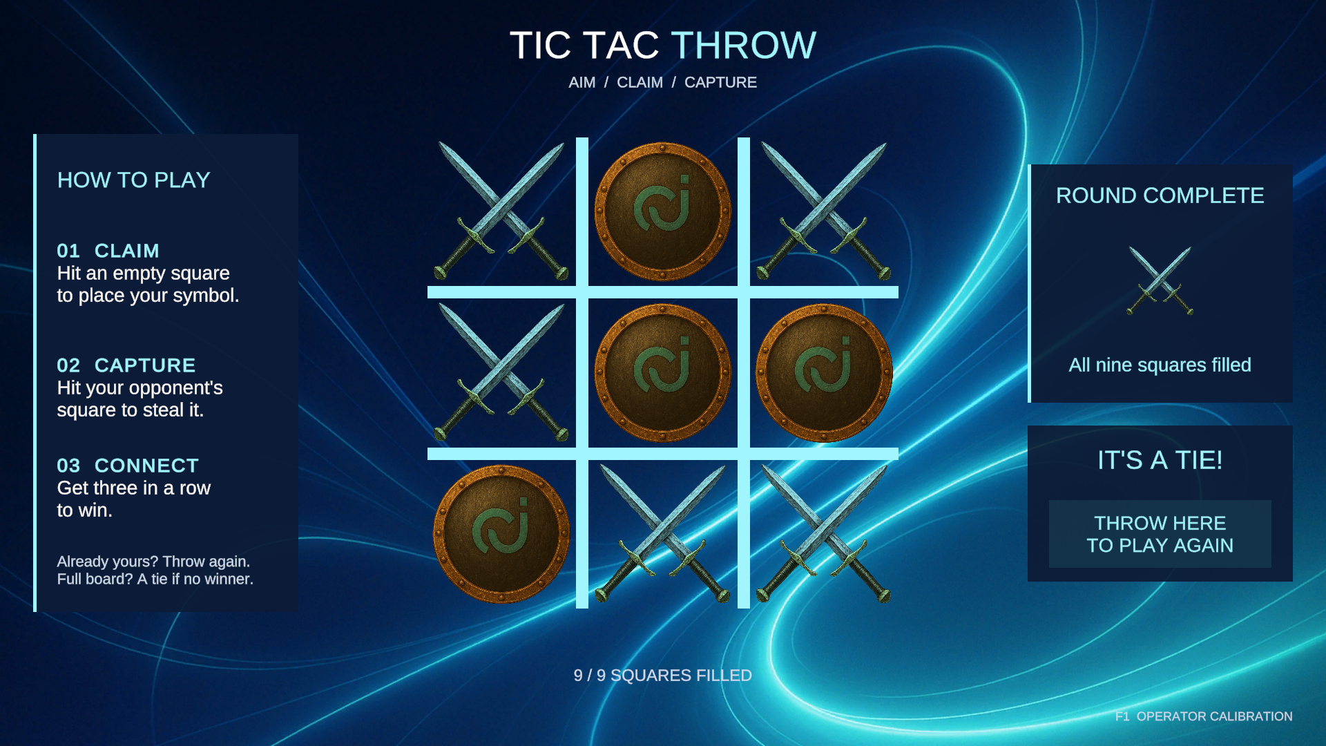 TicTacThrow full board with It’s a Tie message and restart target
