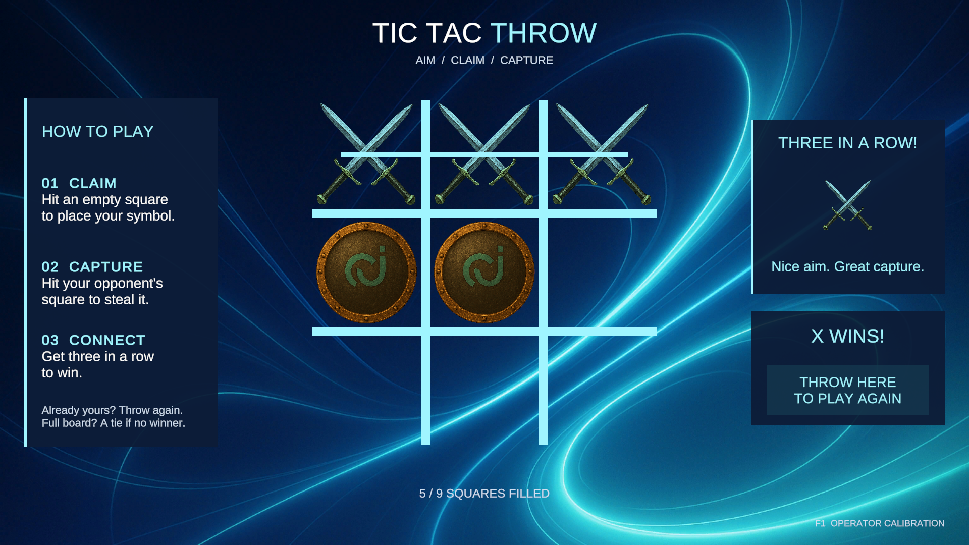TicTacThrow X wins screen with three connected swords and Throw Here to Play Again target
